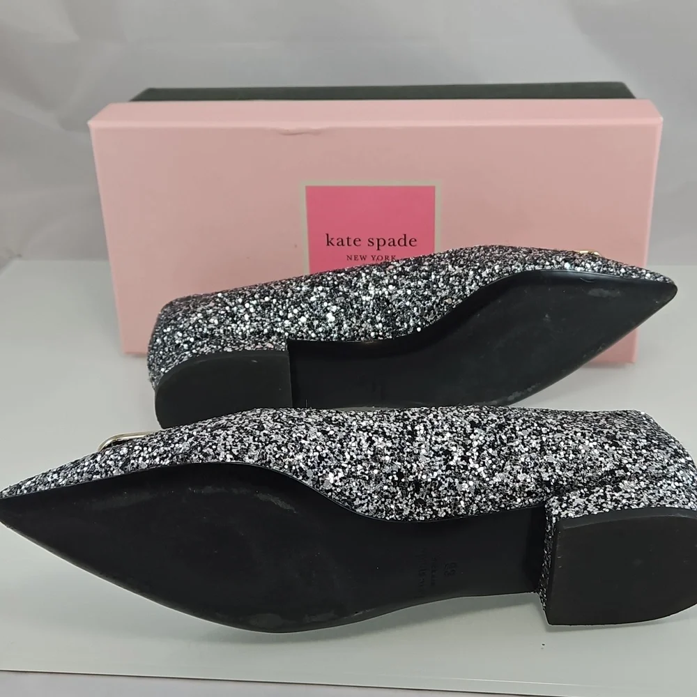 Kate Spade Silver Buckle Up Glitter Flats Size 38.5 - Picture 11 of 15